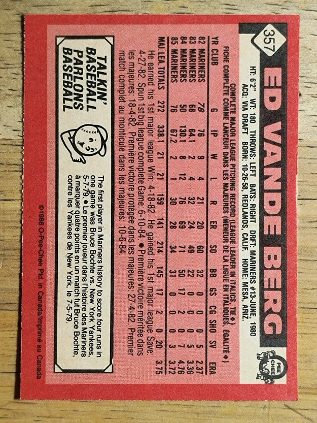 1986 O-Pee-Chee #357 Ed VandeBerg
