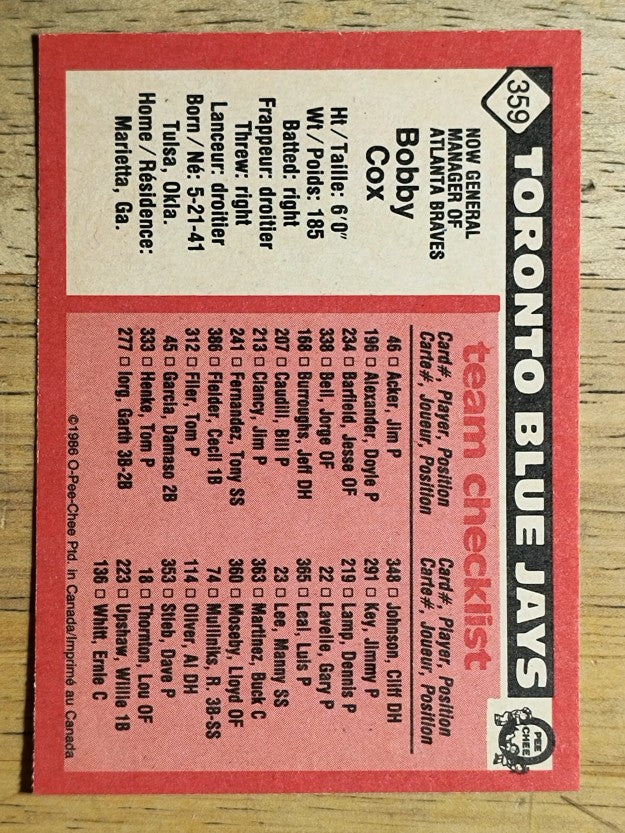 1986 O-Pee-Chee #359 Bobby Cox MG