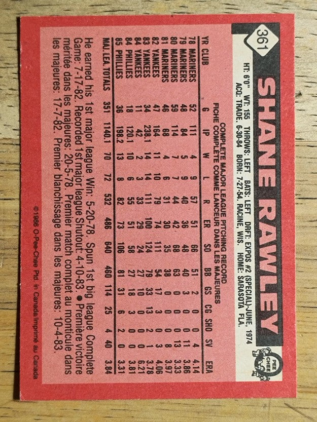 1986 O-Pee-Chee #361 Shane Rawley