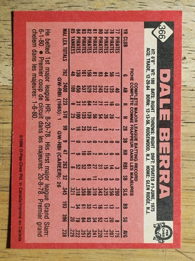 1986 O-Pee-Chee #366 Dale Berra