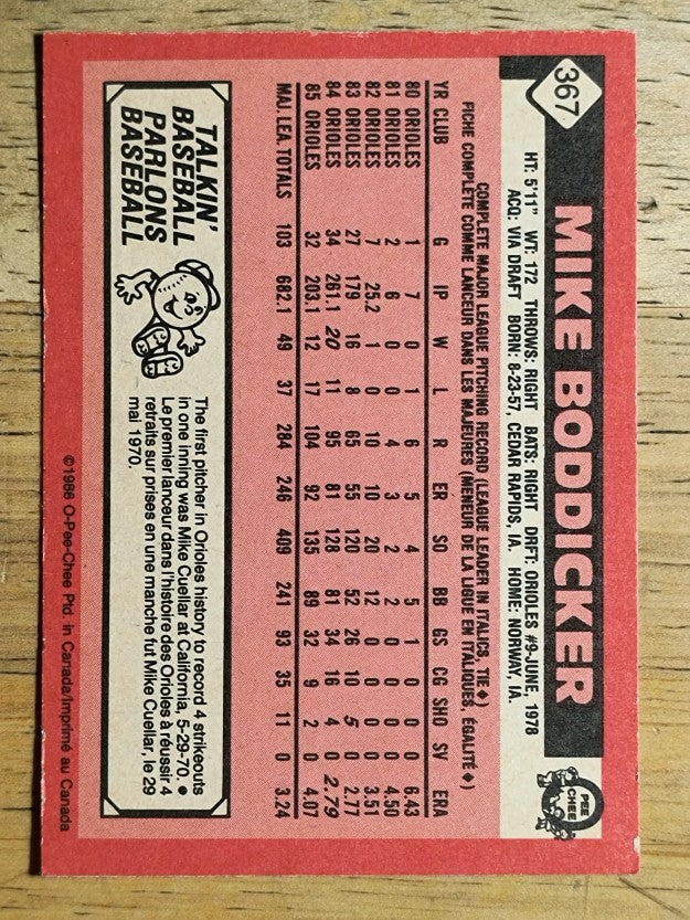 1986 O-Pee-Chee #367 Mike Boddicker