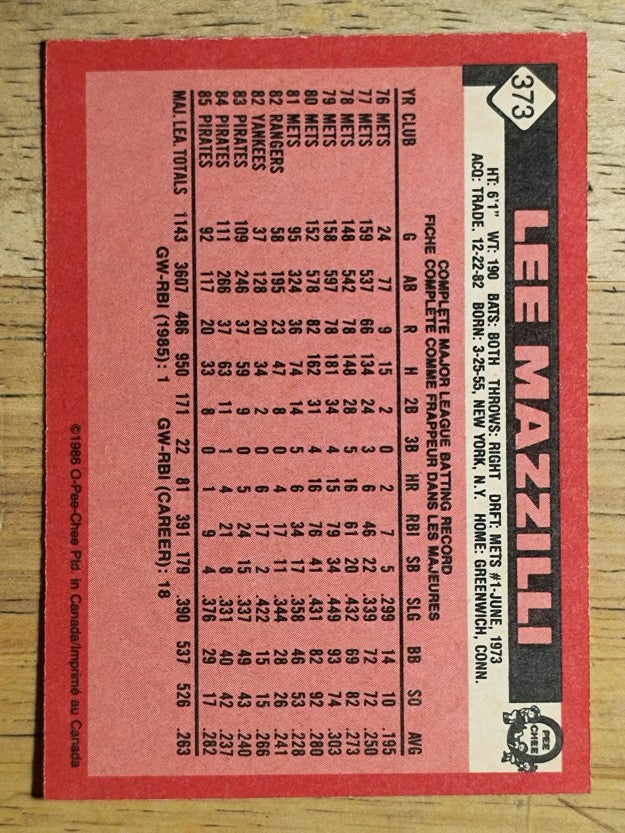 1986 O-Pee-Chee #373 Lee Mazzilli