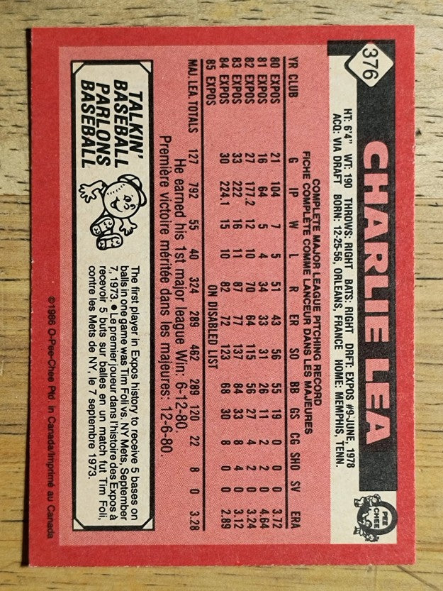 1986 O-Pee-Chee #376 Charlie Lea