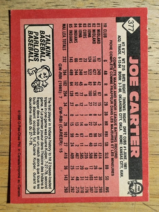 1986 O-Pee-Chee #377 Joe Carter