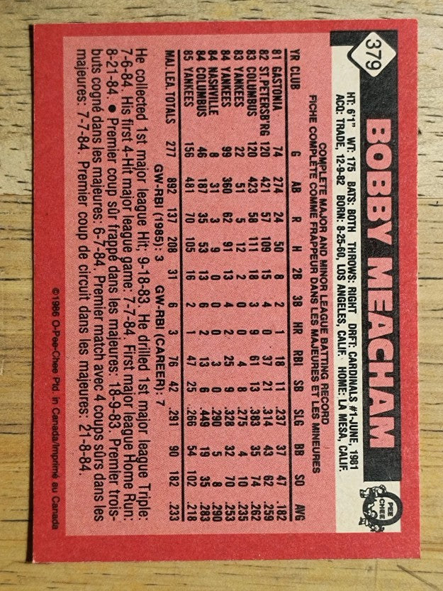 1986 O-Pee-Chee #379 Bobby Meacham