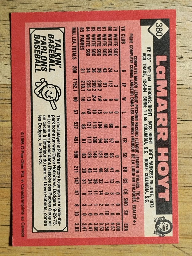 1986 O-Pee-Chee #380 LaMarr Hoyt