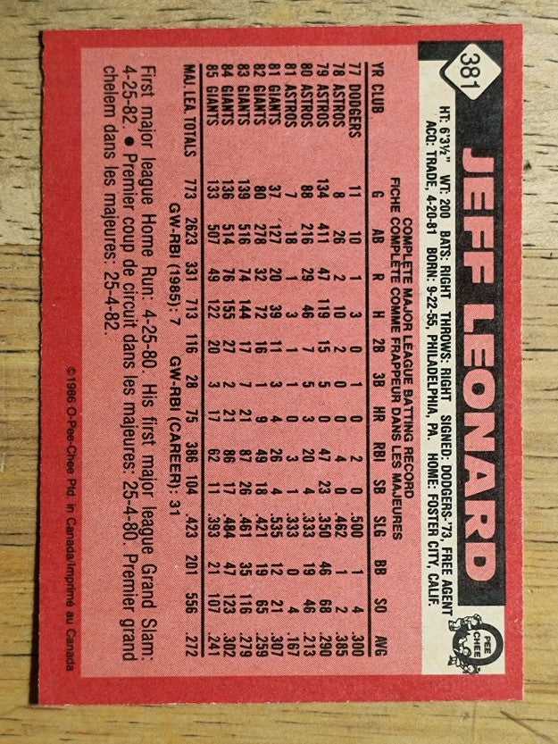 1986 O-Pee-Chee #381 Jeff Leonard