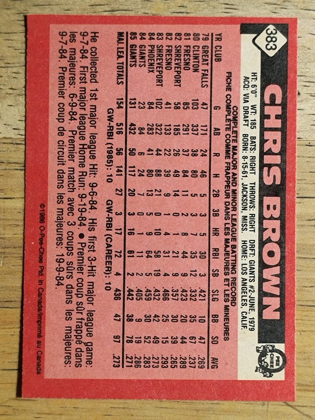 1986 O-Pee-Chee #383 Chris Brown RC