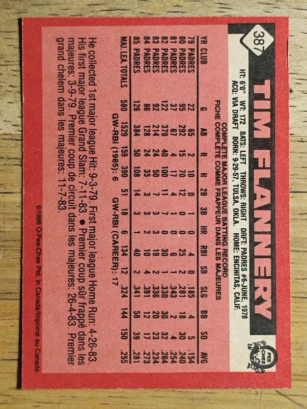 1986 O-Pee-Chee #387 Tim Flannery