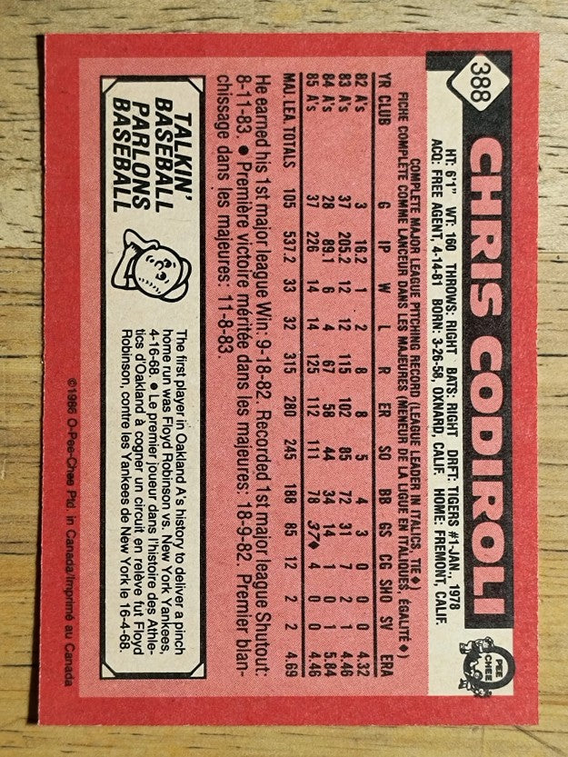 1986 O-Pee-Chee #388 Chris Codiroli