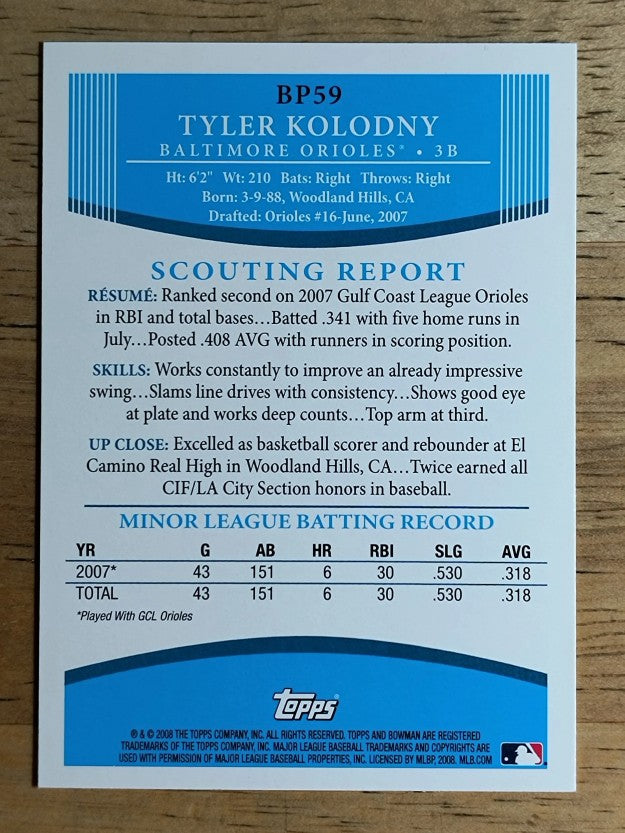 2008 Bowman Prospects #BP59 Tyler Kolodny
