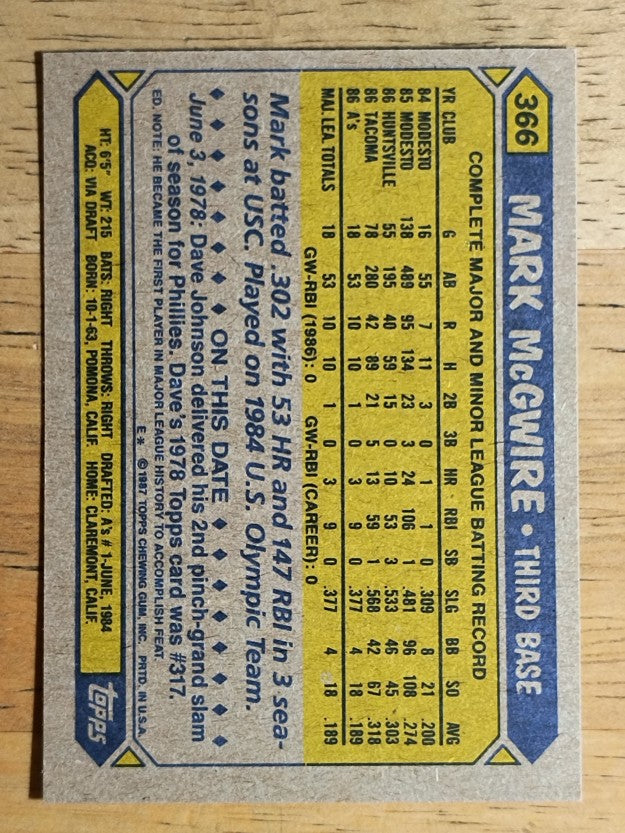 1987 Topps #366 Mark McGwire