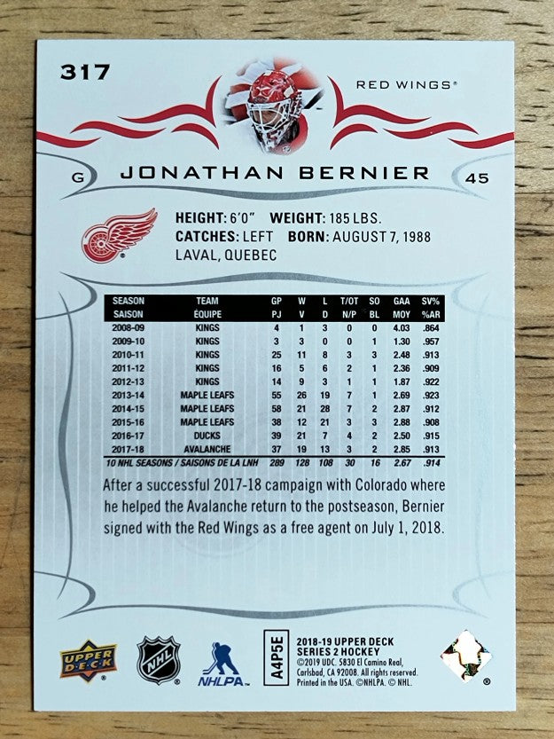2018-19 Upper Deck #317 Jonathan Bernier