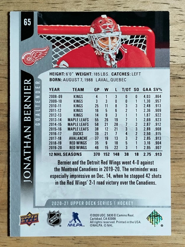 2020-21 Upper Deck #65 Jonathan Bernier