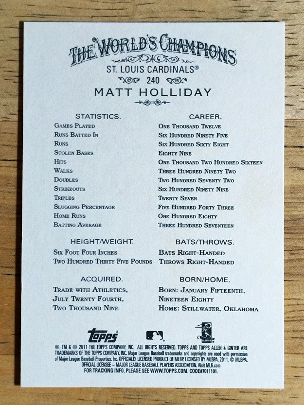2011 Topps Allen and Ginter #240 Matt Holliday