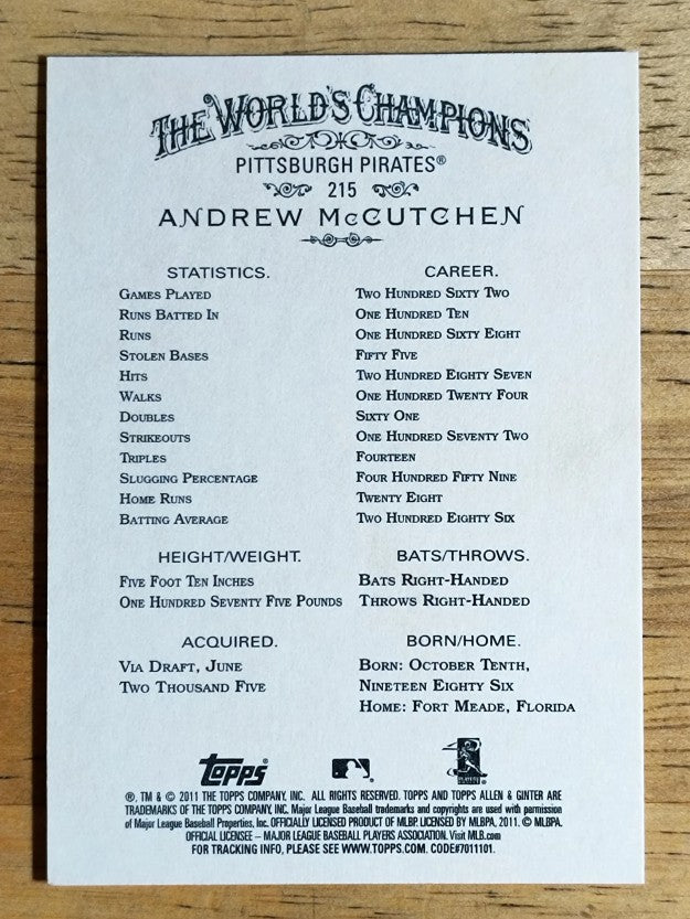 2011 Topps Allen and Ginter #215 Andrew McCutchen