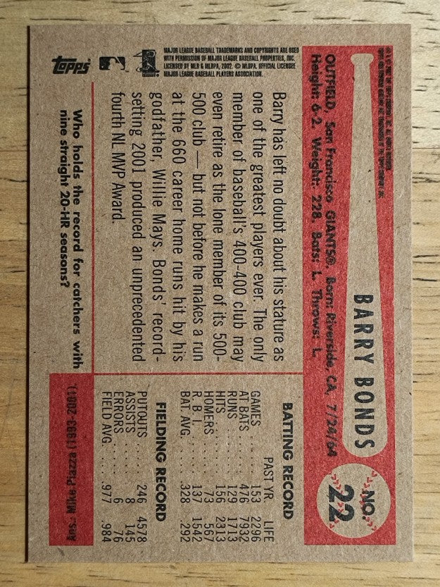 2002 Bowman Heritage Black Box #22 Barry Bonds