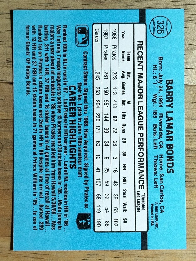 1988 Donruss #326 Barry Bonds