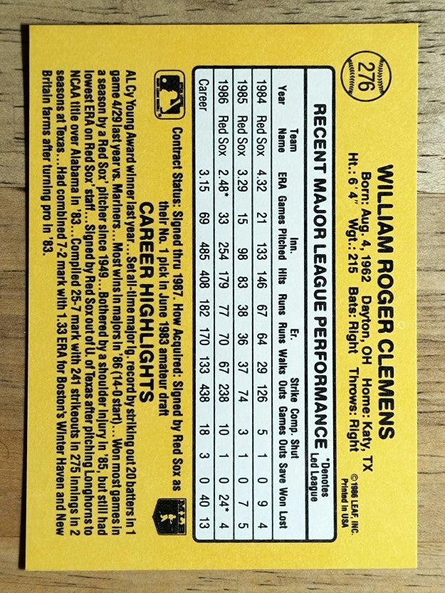1987 Donruss #276 Roger Clemens