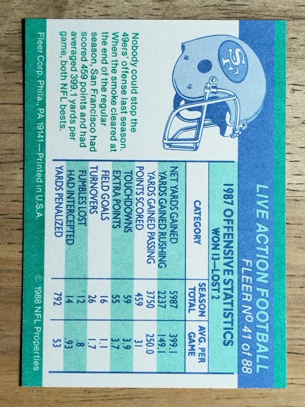 1988 Fleer Team Action #41 San Francisco 49ers Offense
