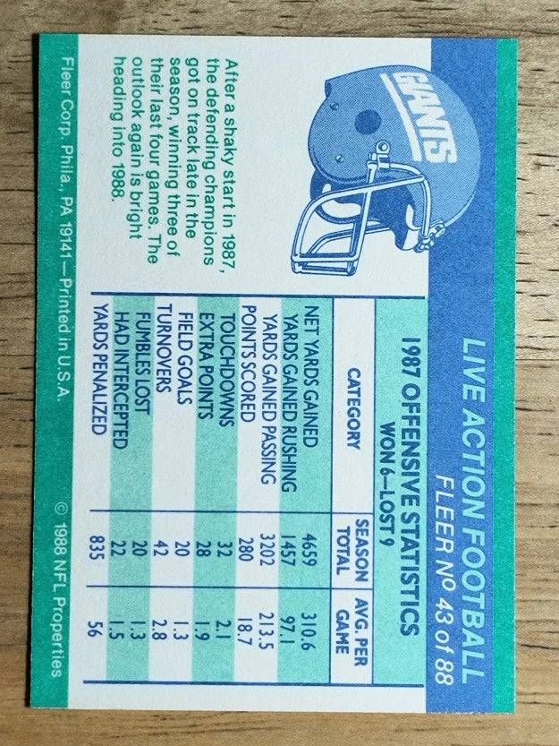 1988 Fleer Team Action #43 New York Giants Offense