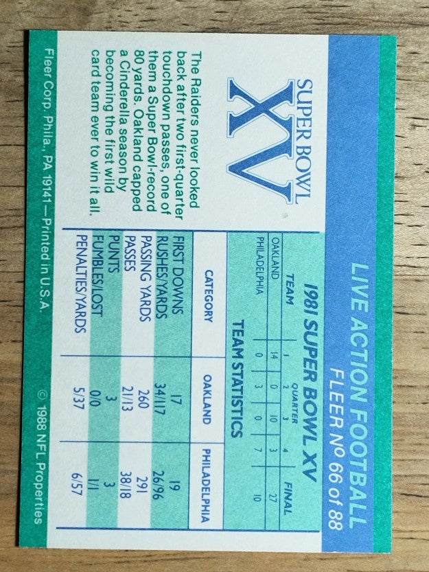 1988 Fleer Team Action #66 Super Bowl XV