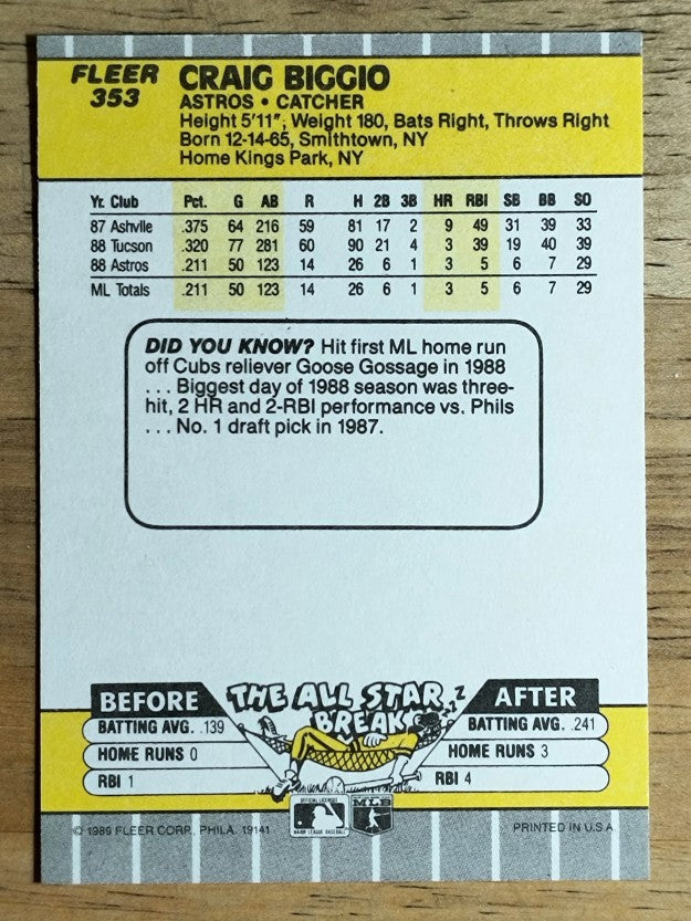 1989 Fleer #353 Craig Biggio RC