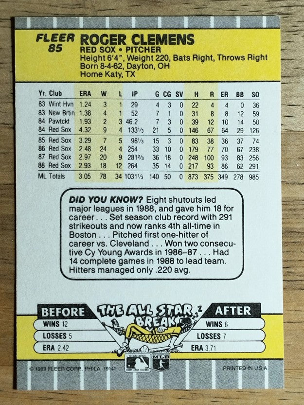 1989 Fleer #85 Roger Clemens