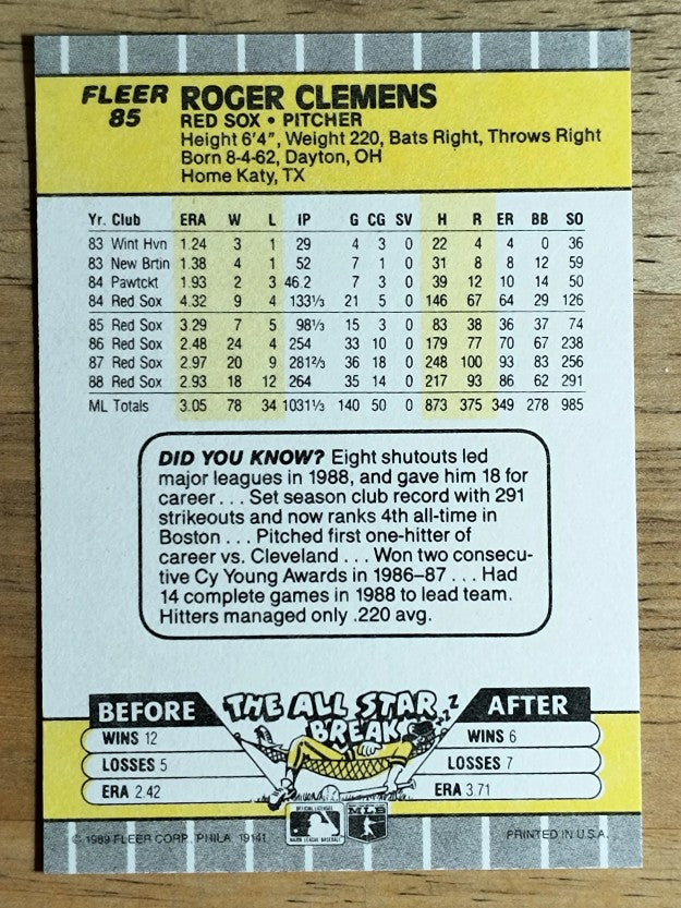 1989 Fleer #85 Roger Clemens