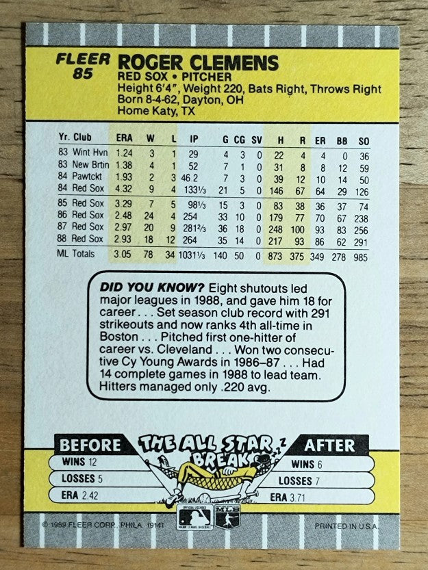 1989 Fleer #85 Roger Clemens