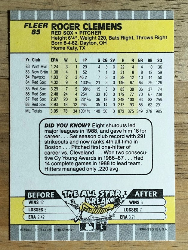 1989 Fleer #85 Roger Clemens