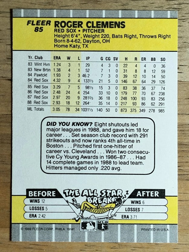 1989 Fleer #85 Roger Clemens
