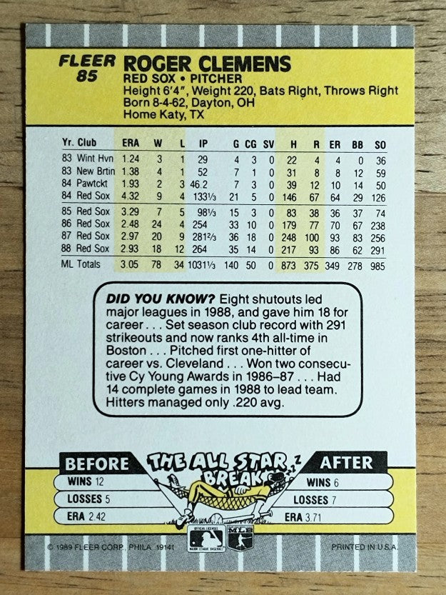 1989 Fleer #85 Roger Clemens