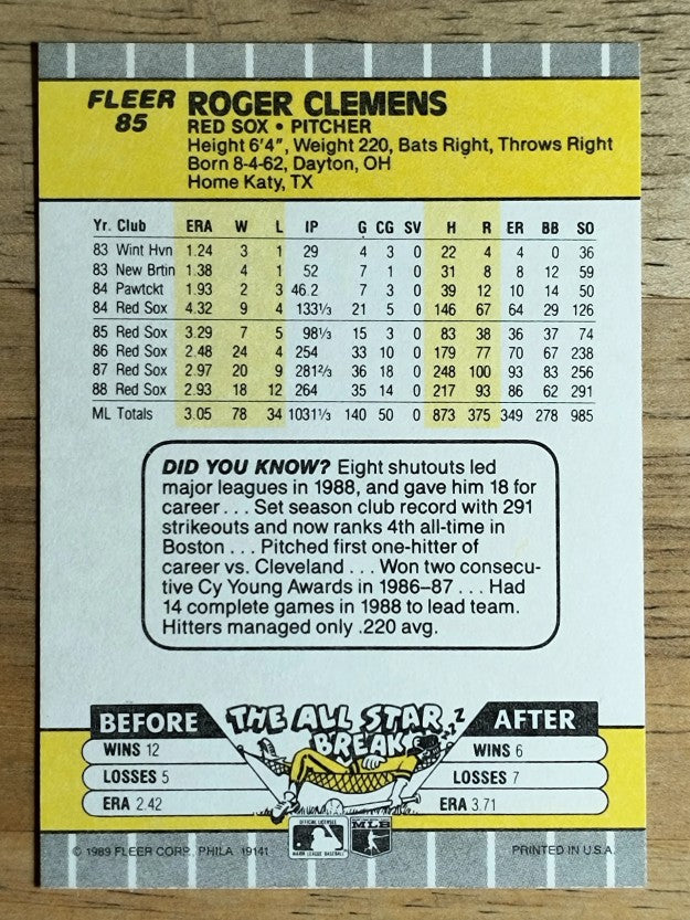 1989 Fleer #85 Roger Clemens