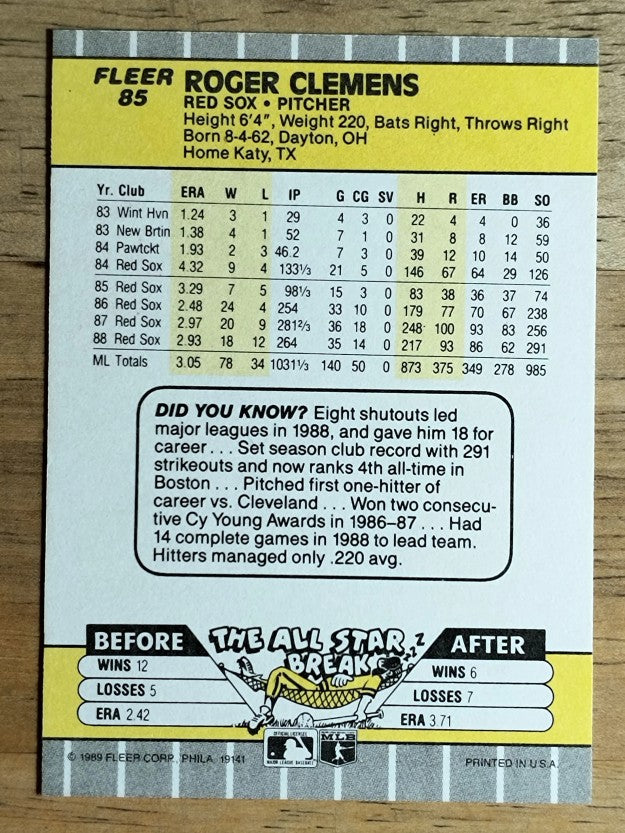 1989 Fleer #85 Roger Clemens