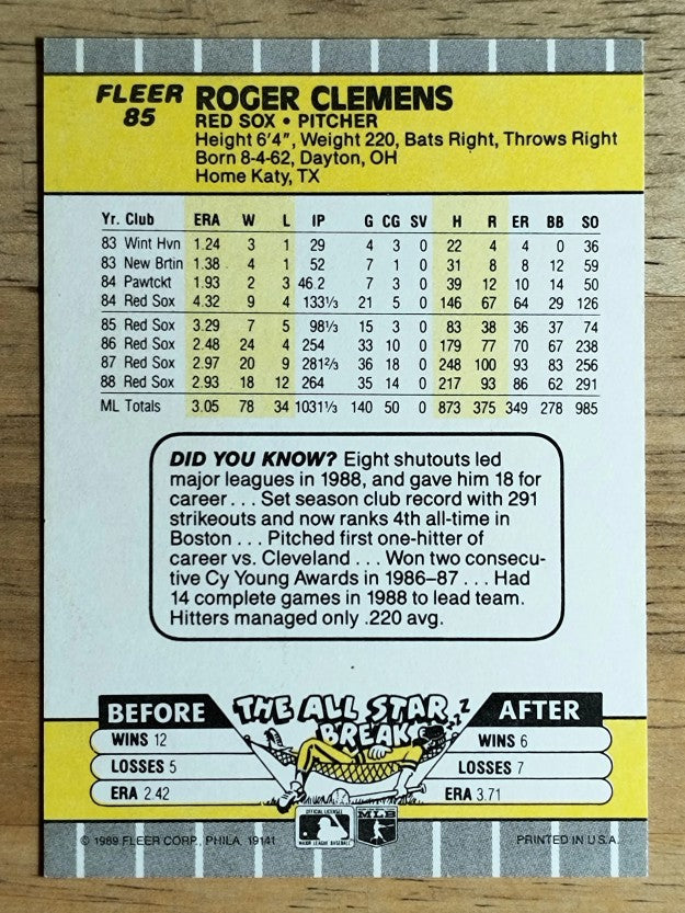 1989 Fleer #85 Roger Clemens