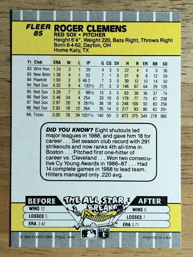 1989 Fleer #85 Roger Clemens