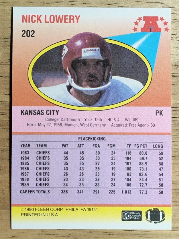 1990 Fleer #202 Nick Lowery