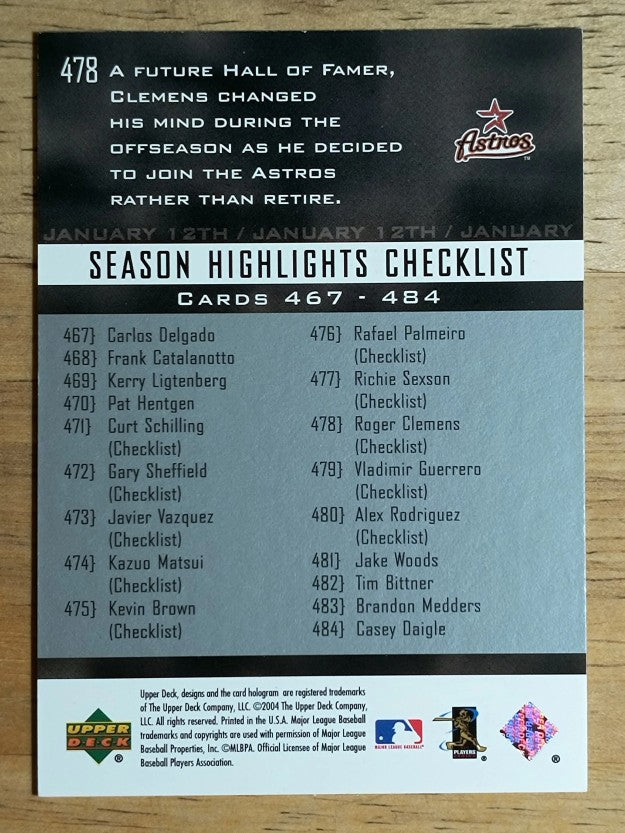 2004 Upper Deck #478 Roger Clemens SH CL