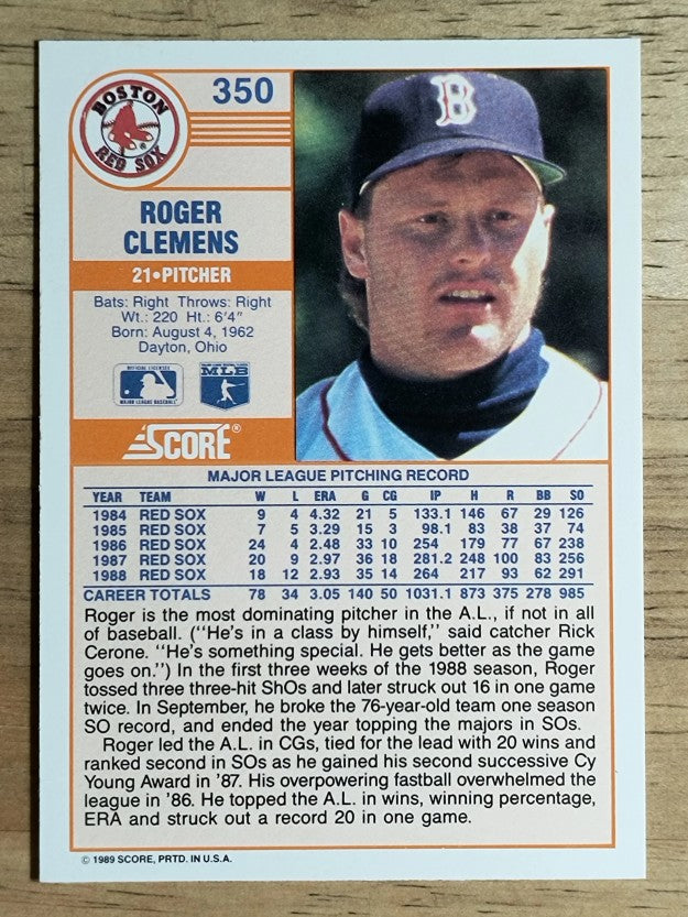1989 Score #350 Roger Clemens COR/78 career wins