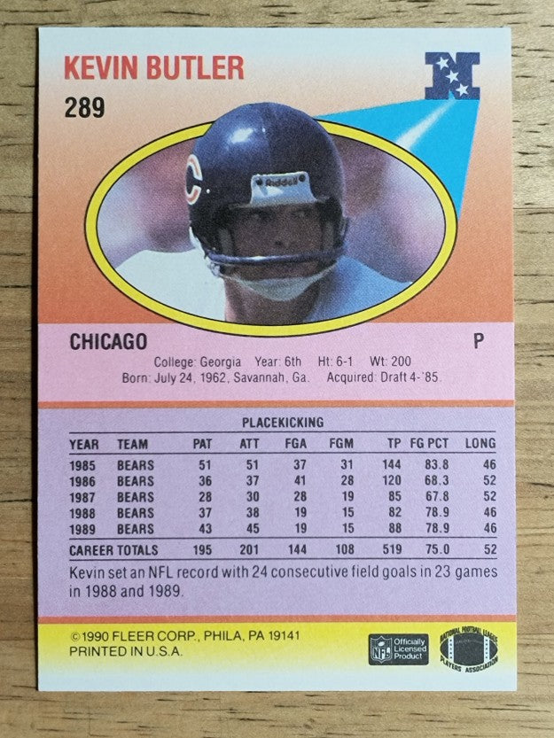 1990 Fleer #289B Kevin Butler COR/ERR/PK on front and P on back