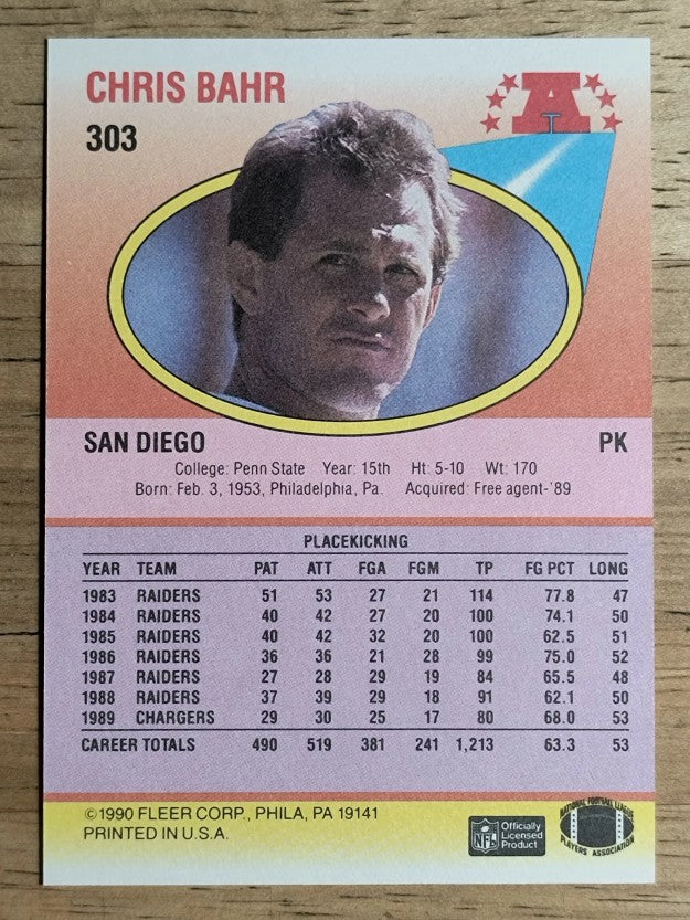 1990 Fleer #303 Chris Bahr
