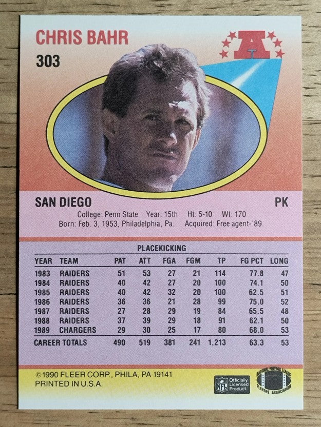 1990 Fleer #303 Chris Bahr