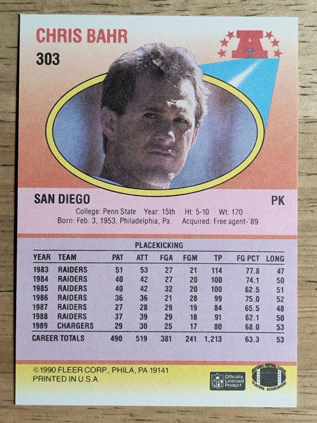 1990 Fleer #303 Chris Bahr
