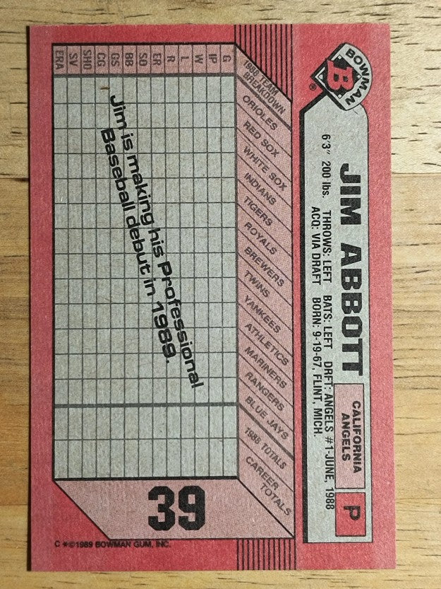 1989 Bowman #39 Jim Abbott RC