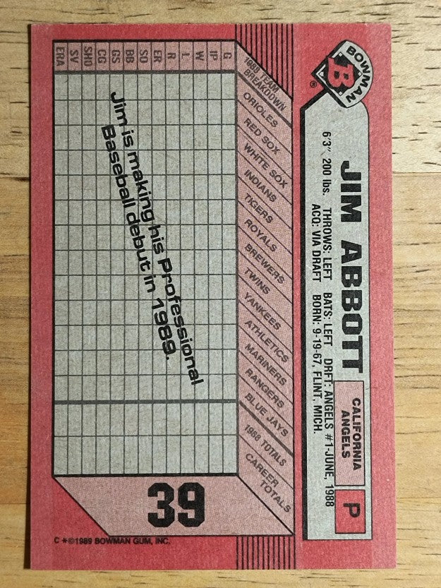 1989 Bowman #39 Jim Abbott RC