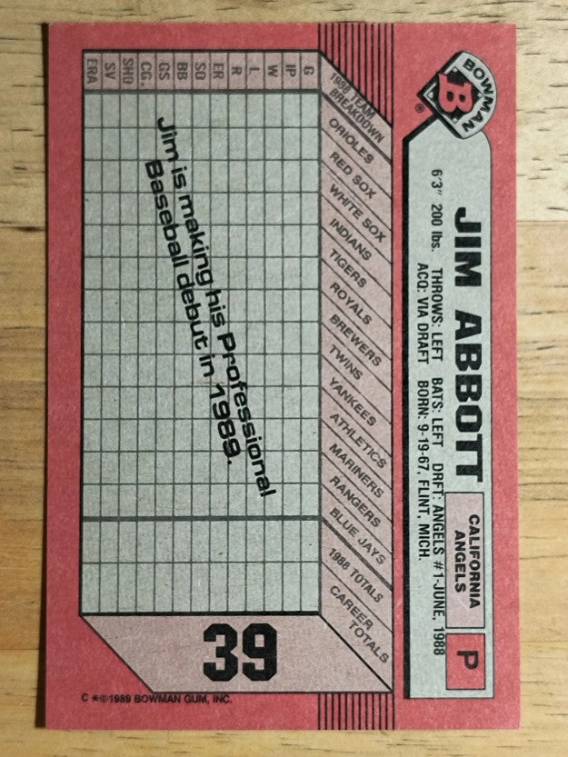 1989 Bowman #39 Jim Abbott RC