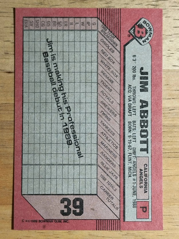 1989 Bowman #39 Jim Abbott RC