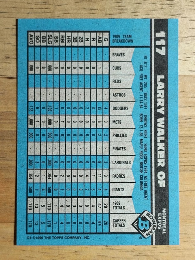 1990 Bowman #117 Larry Walker RC