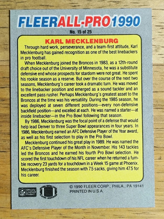1990 Fleer All-Pros #15 Karl Mecklenburg